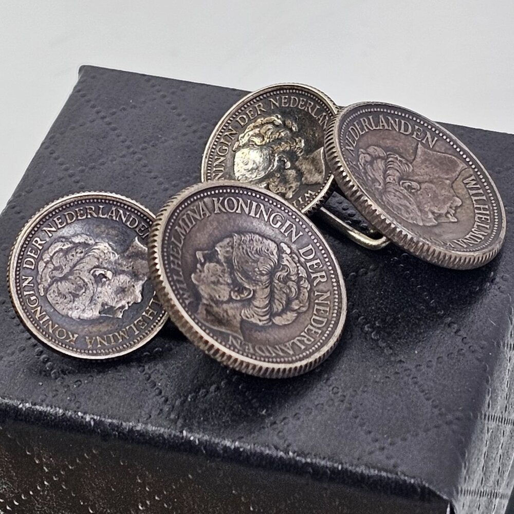 Silver Wilhelmina Koningin Der Nederlanden Coins Cufflinks Pair 10c & 25c